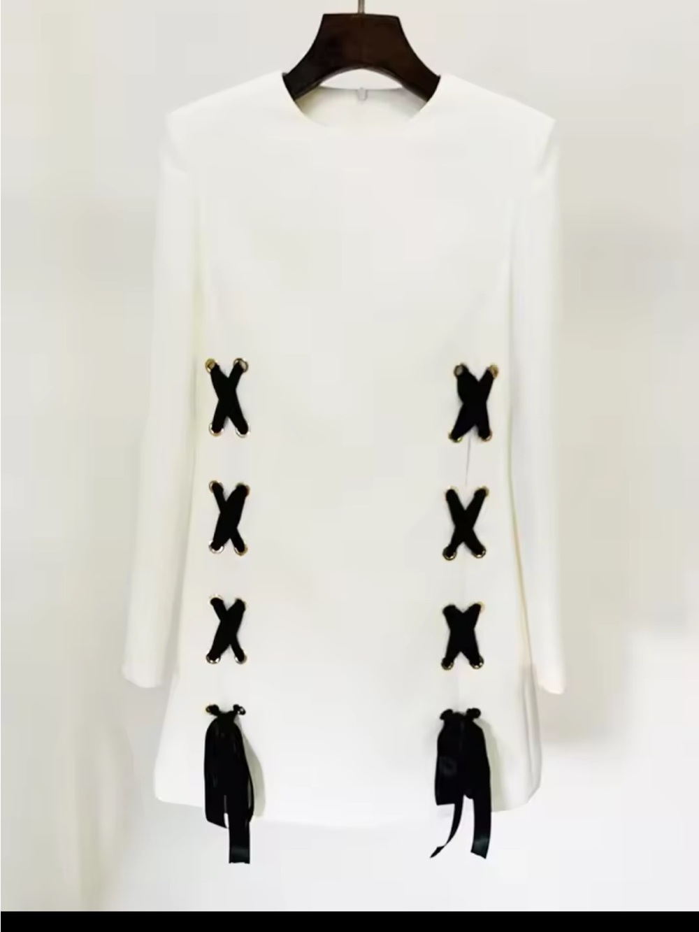 White Long-Sleeve Mini Dress with Black Ribbon Accents wedding